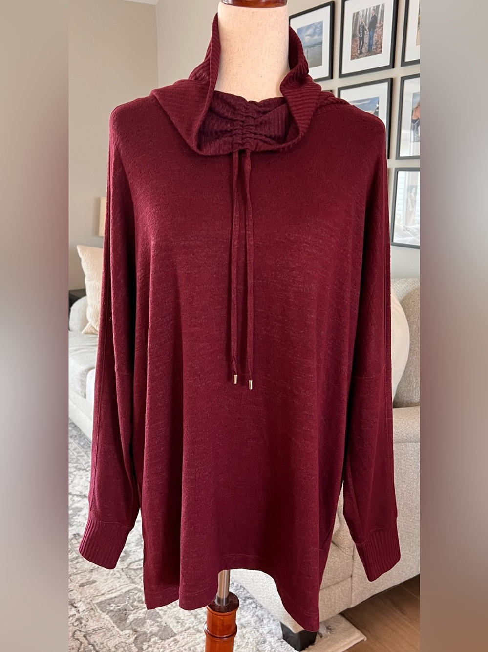 Chico's Zenergy Soft Essentials Cowl Neck Tunic Top Size 2 L 12 Spiced Bordeaux